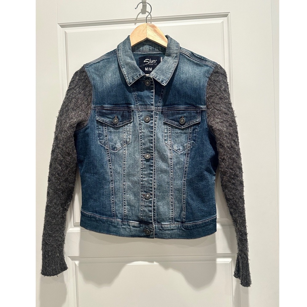 Silver Jeans Co Denim Trucker Jacket Knit Sleeves Medium Western Grunge